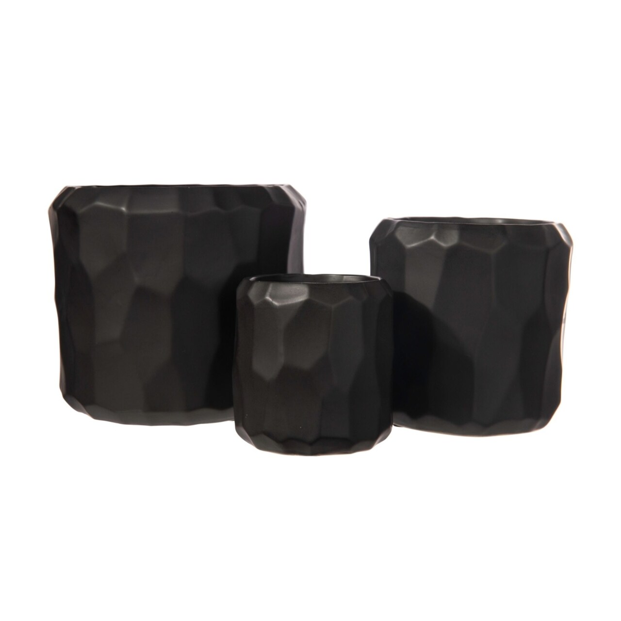 Urban Trends Collection Ceramic Cylindrical Pot with Wide Mouth and Embossed Irregular Patterns Design Body Set of Three Matte Finish Black